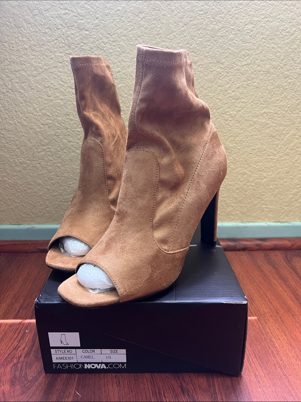 Fashion Nova Camel Suede Peep-Toe Sock Booties